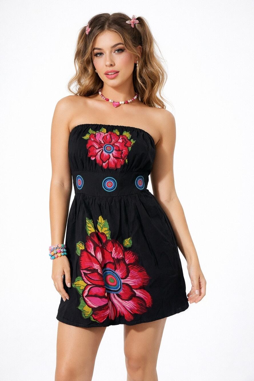 Desigual Vintage‎ Strapless Mini Sun Dress Boho Artsy Y2K Womens 38 US Small 6